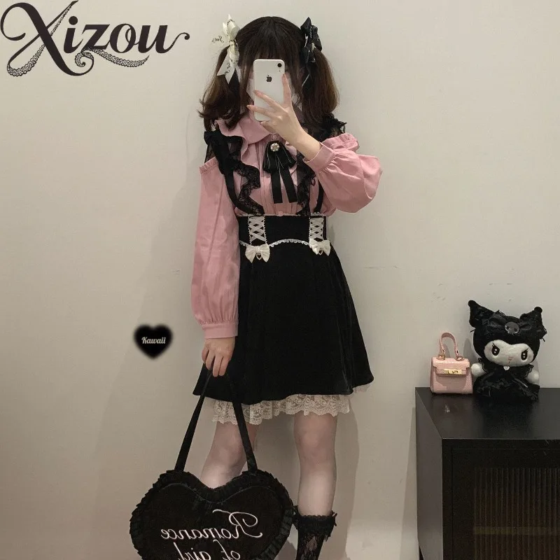 Lindo agradable arco encaje hueco fuera del hombro camisa Lolita Color sólido Casual Tops para Mujer primavera otoño Blusas de manga larga Mujer