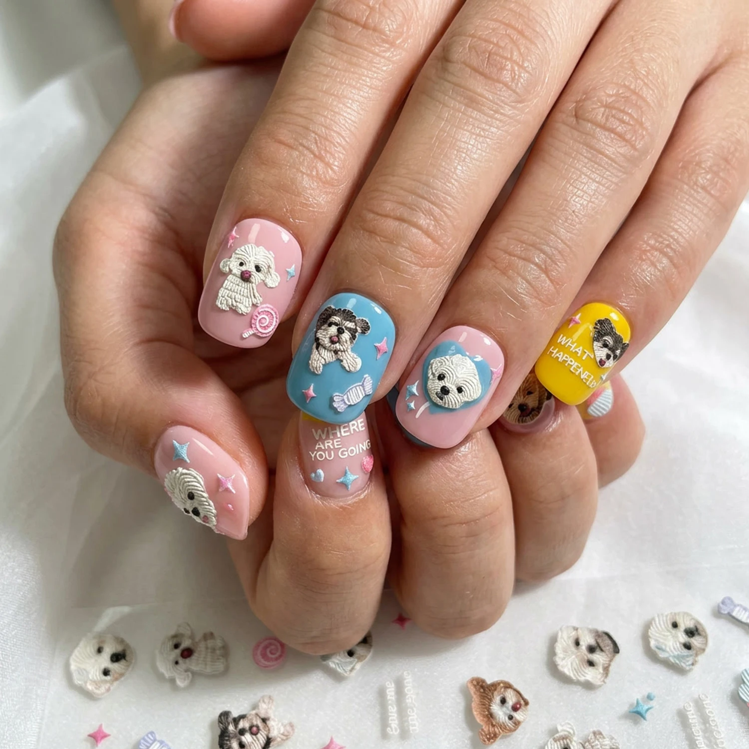

1/2Pcs 5D Cute Dog Candy Nail Art Stickers Adorable Bichon Schnauzer Teddy Puppy Self-Adhesive Nail Decals Fluffy Dog Nail Slide