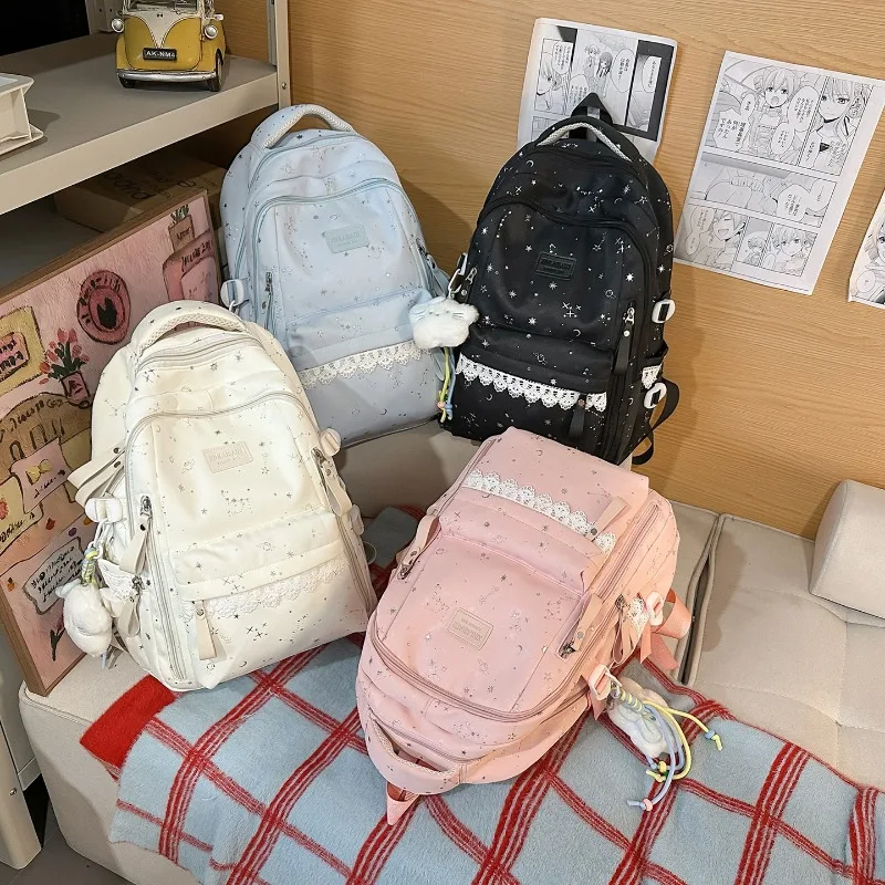 Middle School Students School Bags Korean Lace Celestial Print Cute Backpacks Teen Girls Kawaii Daypack Large Casual Rucksack