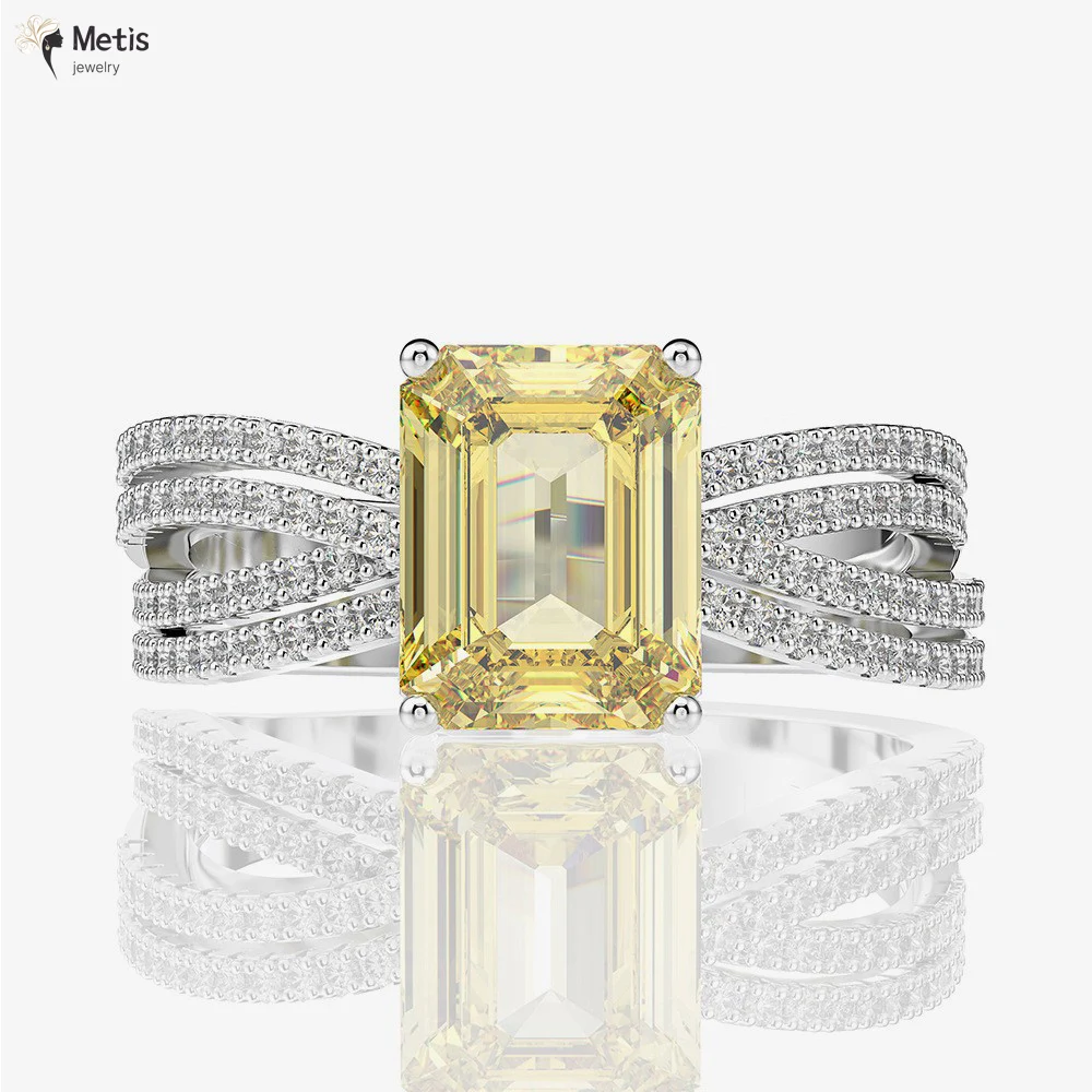 

925 Sterling Silver Ring Emerald Cut Ring Yellow Square High Carbon Diamond Jewelry Ladies Suitable for Various Dinner Party