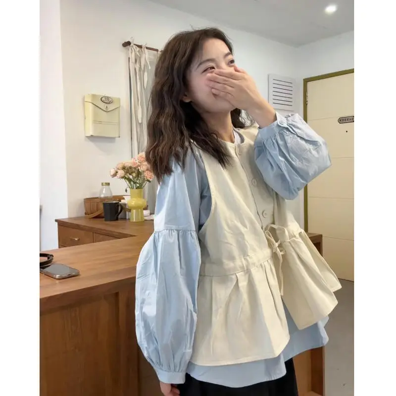 سترة المرأة الحلو الرباط الدانتيل يصل الخصر أكمام صدرية قميص الربيع الصيف الصلبة عادية التداخل بلوزات فضفاضة سيدة