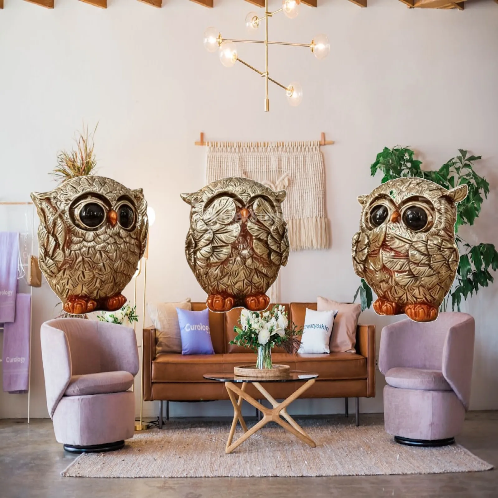 Decorative Owl Figurine Resin Set Three Piece Modern Home Accent for Bookshelf Desk Side Table Cozy Interior Ornament Sculpture