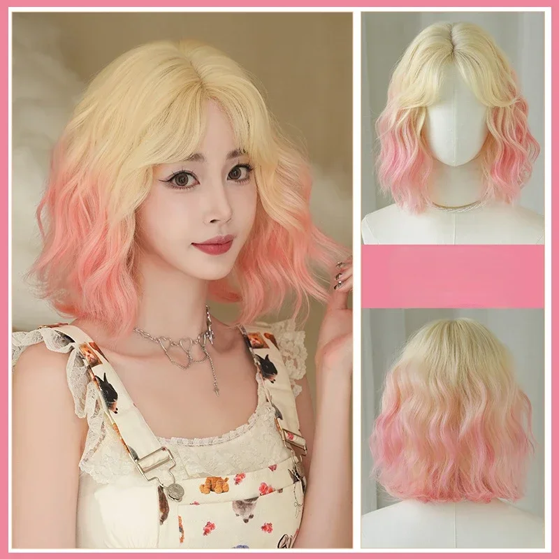 

Woman wigs Ombre sakura Wavy Bob Wigs with Bangs Short Synthetic Wig With Natural Hair for Cosplay Daily Use Heat Resistant Wig