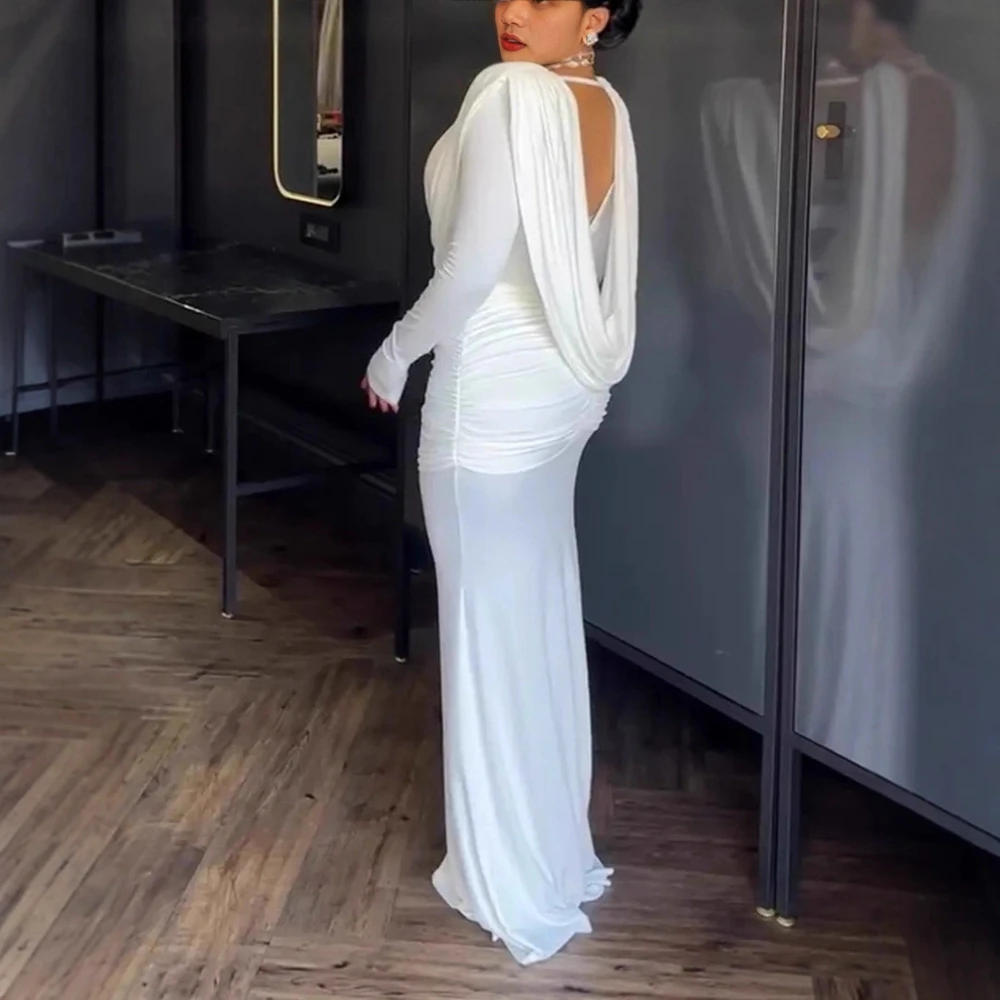 

Women Ruched Front V Neck Long Sleeve Bodycon Maxi Dresses Slim Fit Party Dress Backless Evening Long Elegant Dress Gowns