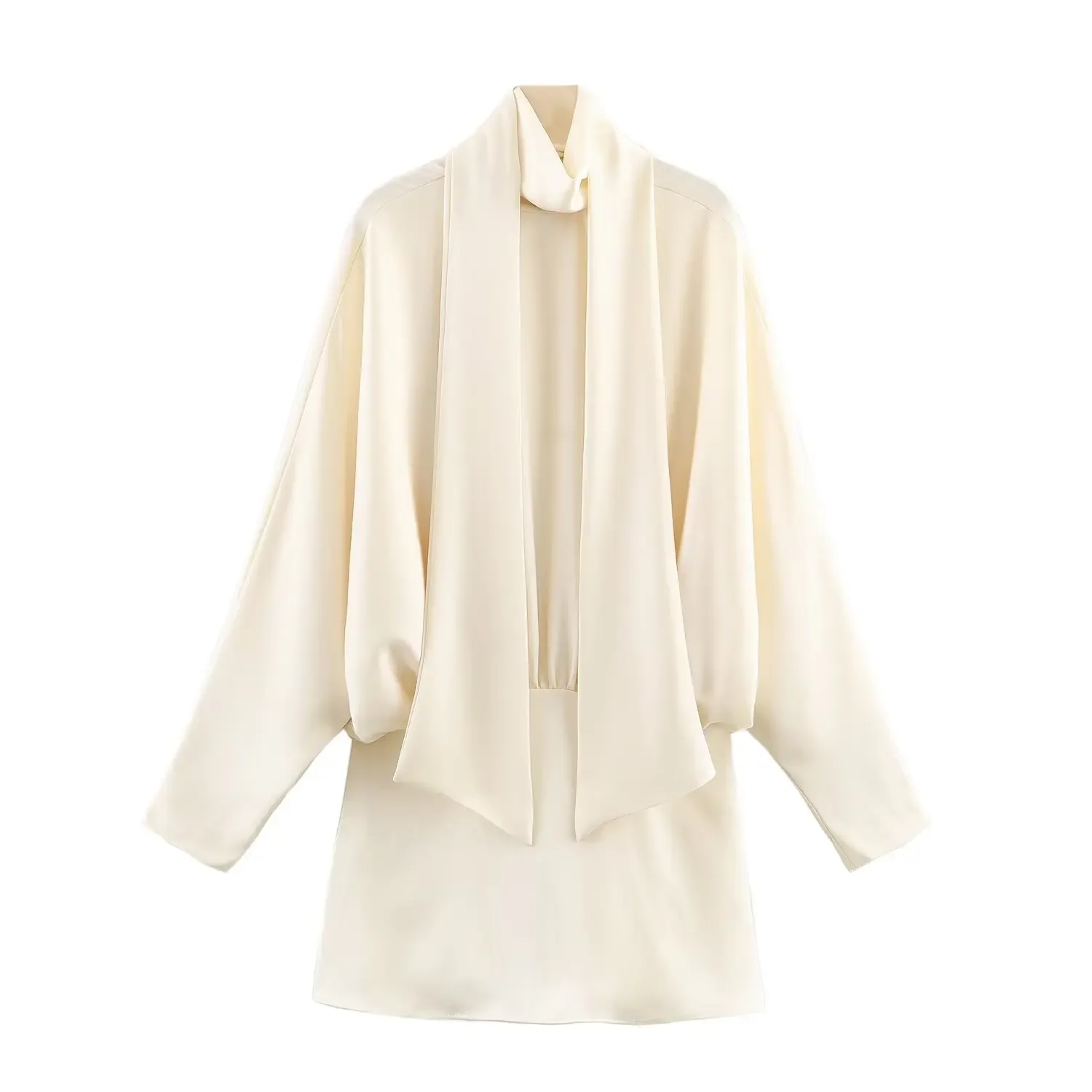 BSAY Satin Texture Scarf Decoration Short Dress Women Fashion Autumn Winter New Long Sleeves France Female Evening Dresses