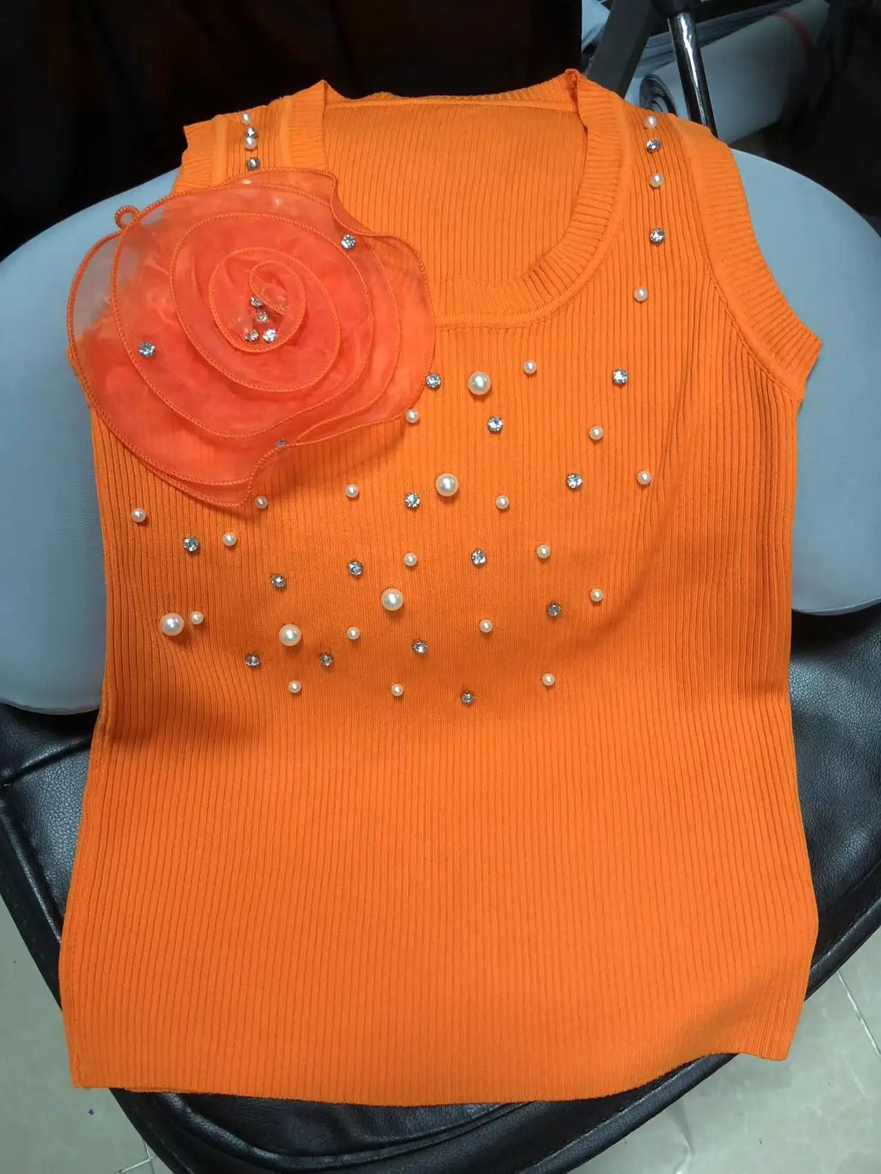 Real Photos 3D Flowers Pearls Diamonds Beaded Tank Top For Women Knitted Camisole Summer 2024 Elastic Top Youthful Woman Clothes