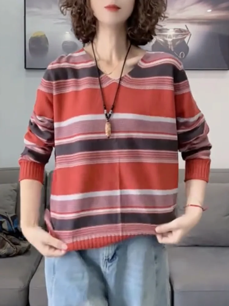 

Корейский модный полосатый топ в стиле бохо, осенний, новый, универсальный, больших размеров, удлиненный, с эффектом омоложения