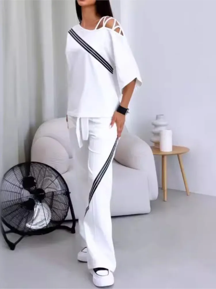 Set da due pezzi in cotone moda donna tuta sportiva bianca camicia ampia sexy con spalle scoperte + pantaloni casual abbigliamento sportivo tuta da donna 2 pezzi