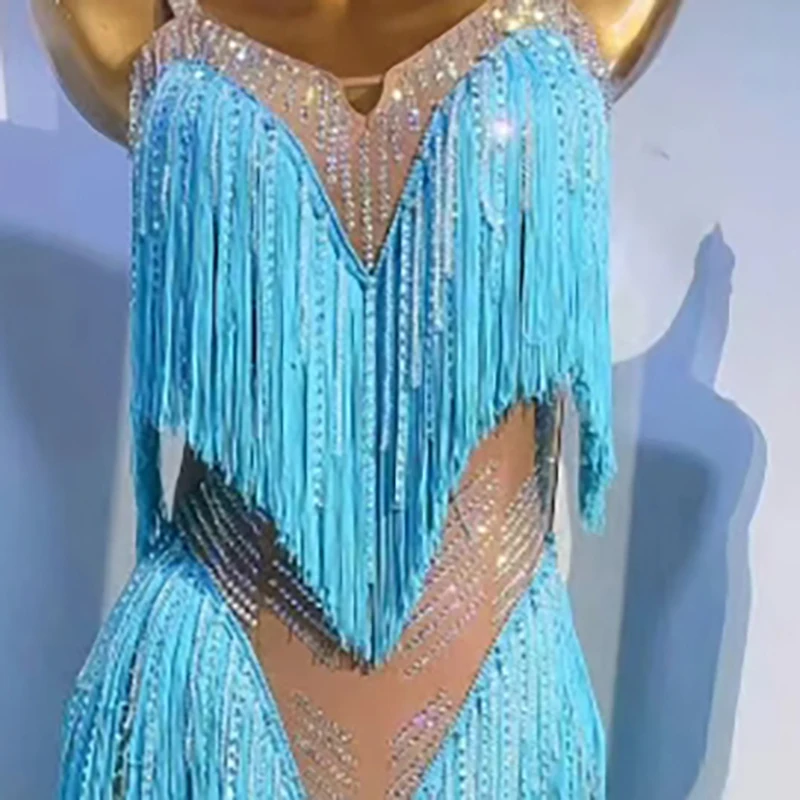 

Latin Dance International Stage Diamond Women's Wear High end Customized Two tone Blue Tassel American Samba Performance Dress
