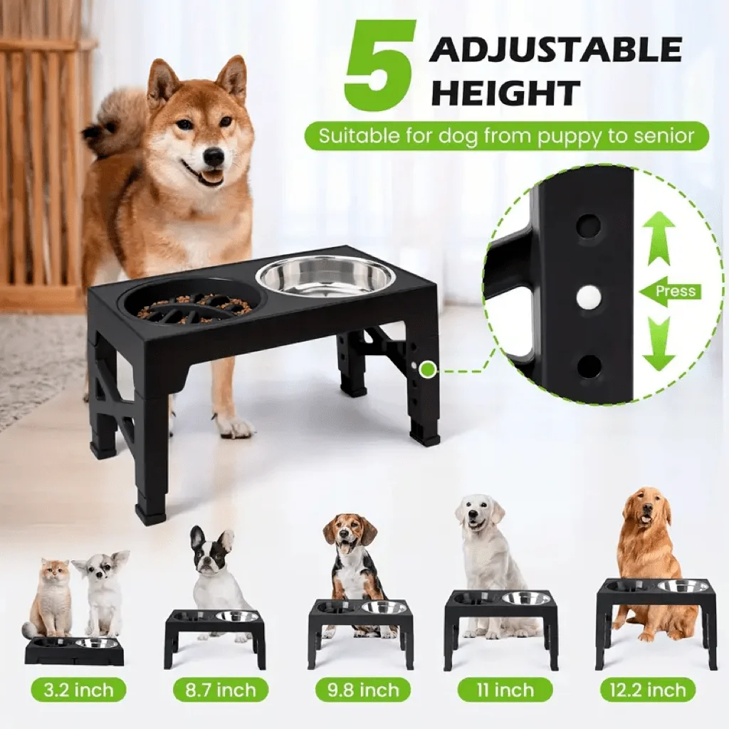 Adjustable Height Pet Elevated Dog Bowl With 5 Adjustable Height Settings. Comes With 2 Stainless Steel Dog Water Bowls And 1 Slow-Feed Dog Bowl. Adjustable Elevated Dog Bowl Stand. Suitable For Small, Medium And Large Dogs.