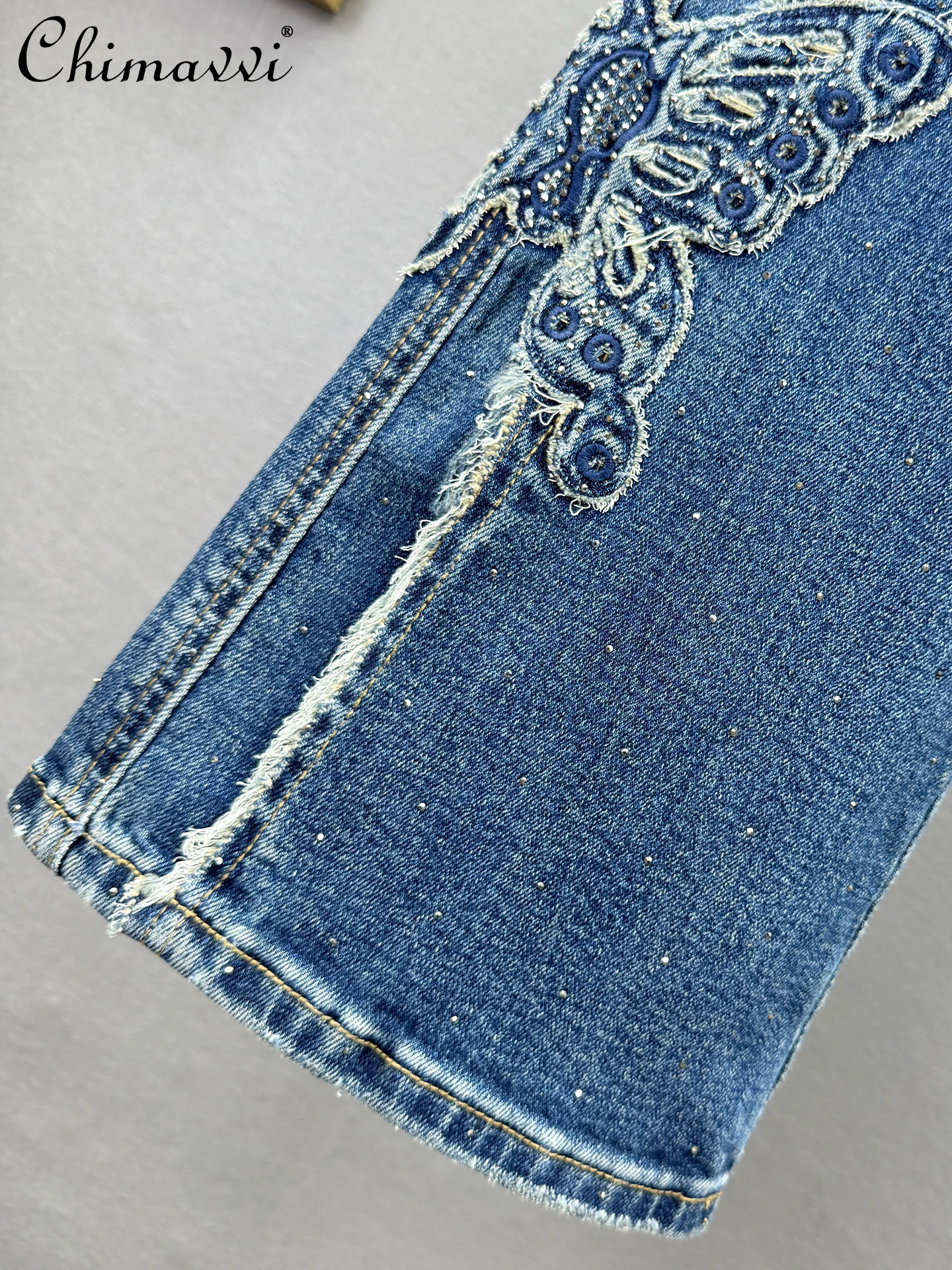 2025년 가을 신상 여성용 패션 플레어 진, 신축성 있는 하이웨이스트 슬림핏 유럽 스타일 라인스톤 프린지 밑단 롱 팬츠