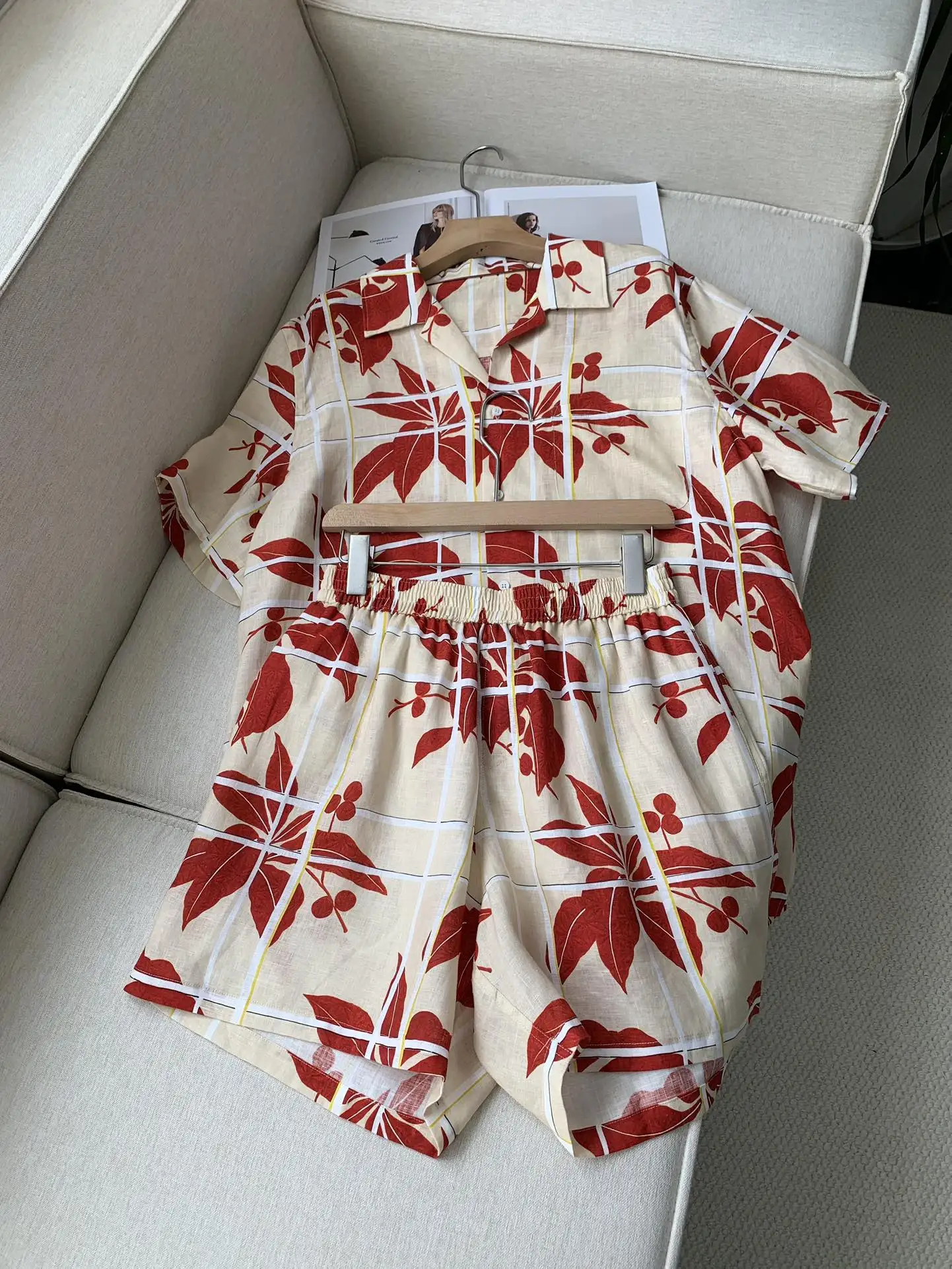 High Quality Linen Printed Shirt + Shorts Casual Holiday Style Suit For Women