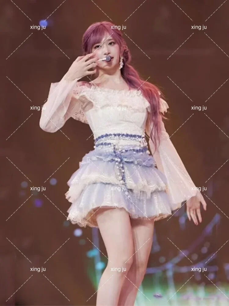 新しい韓国歌手 Kpop 女性 DJ コスプレ衣装ステージ服ダンス衣装レースシースルー長袖トップスふわふわショートスカート