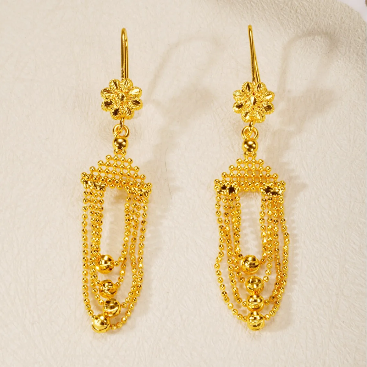 9999 gold fringed fan-shaped earrings - fashionable metal style ear studs with bold and unique design