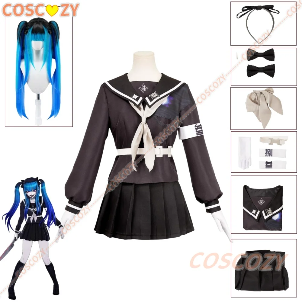 

Game The Hundred Line Darumi Amemiya Cosplay Costume Wig Battle Uniform Headwear Set Last Defense Academy Halloween Party Skirt