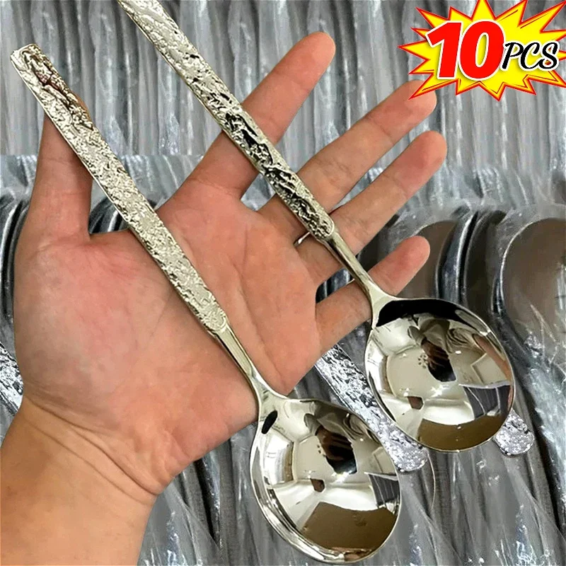 Stainless Steel Non-slip Spoons Silver Round Head Dessert Scoops Long Handle Stirring Soup Spoon Home Kitchen Portable Tableware