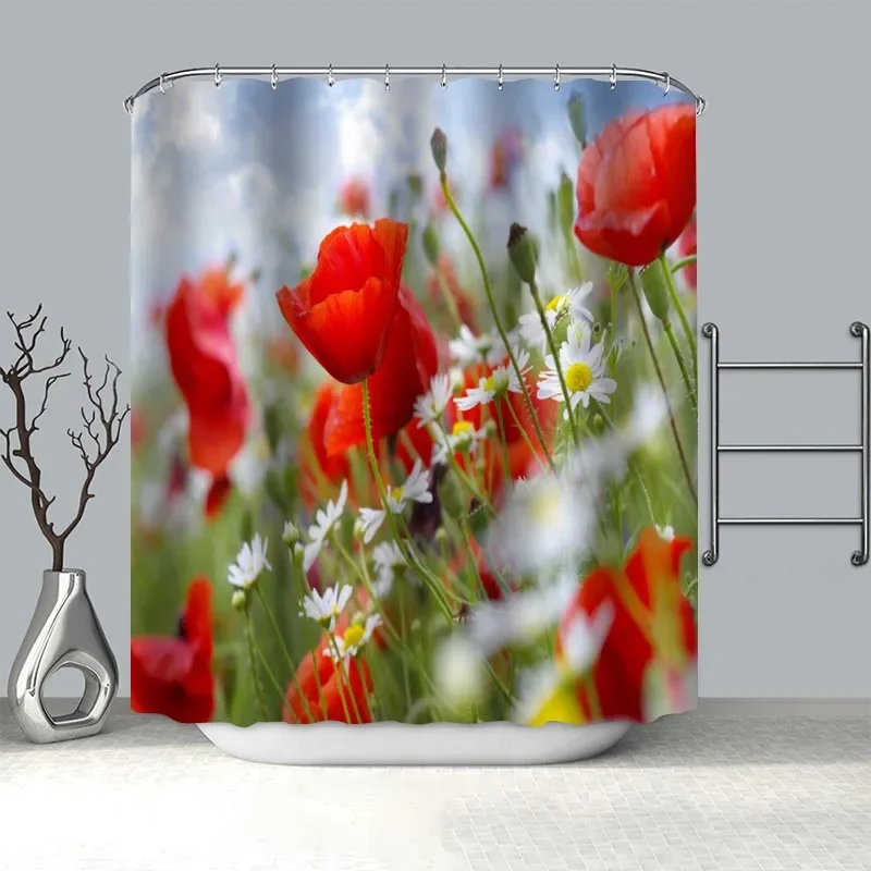 

Пользовательские красные маки 02, занавеска для душа, современный стиль, набор, крючок, природный пейзаж, украшение для дома, занавески для ванной комнаты, тонкий принт