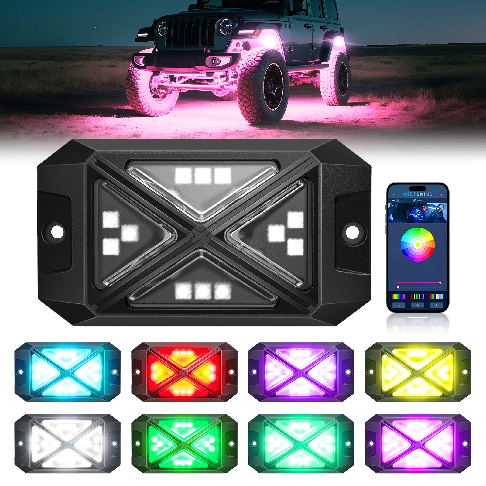 

MICTUNING C4 RGBW LED Rock Lights, 8 Pods 360° Underglow Neon Accent Lighting Kit, 4-Sided Design, App Control Music Mode