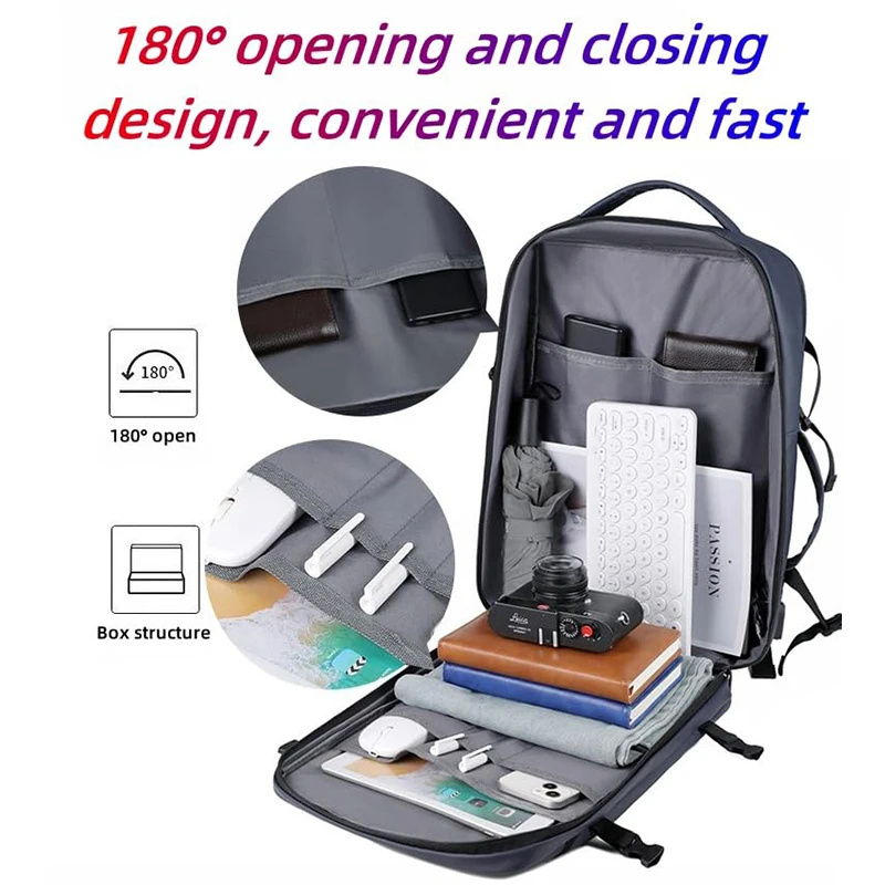Mochila para laptop aberta de 180 graus com porta de carregamento USB Bolsa de viagem de negócios à prova d'água com alça de bagagem para computador de 15,6 polegadas