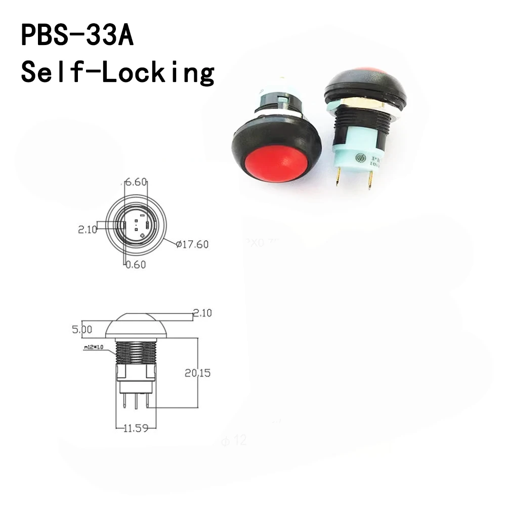 5Pcs Mini Round Push Button Switch PBS-33A Self-Locking 33B Self-Reset 2Pin 12mm 3A 250VAC/1A 125VAC Electrical Equipment