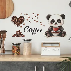 Cartoon Panda Drinking Coffee Wall Sticker Living Room Kitchen Background Decoration Mural Cafe Home Decor Self-adhesive Decals