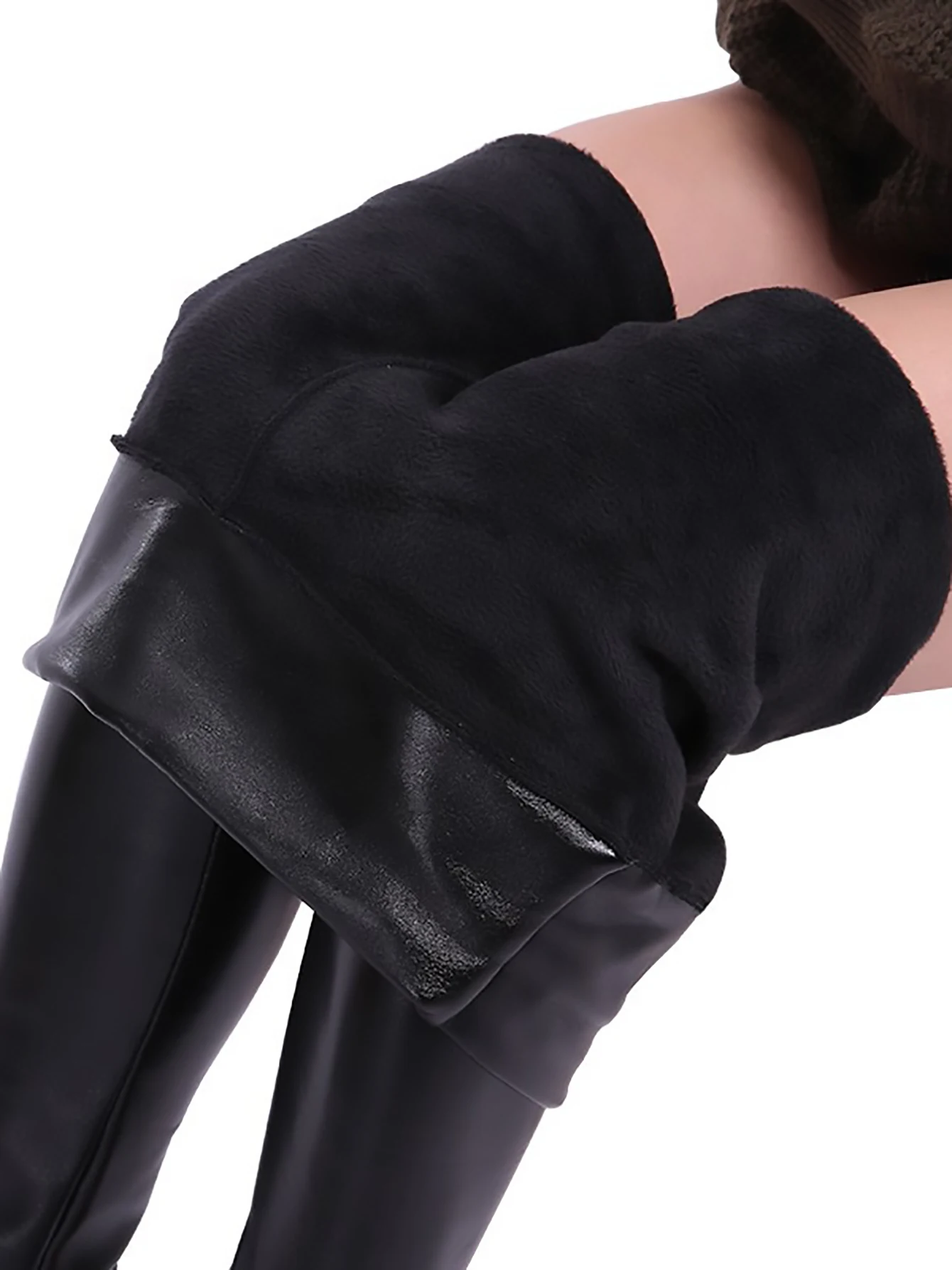 Black PU Leather Pants Women High Waist Skinny Push Up Plush Leggings Elastic Trousers Jeggings