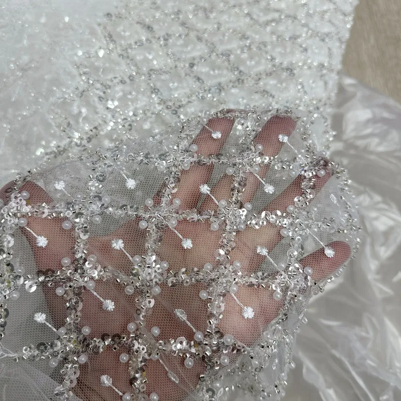 High-End Heavy Industry New Embroidery Pearl Beaded Plaid Sequins Designer Lace Fabric Draping for Wedding Dress Net Fabric