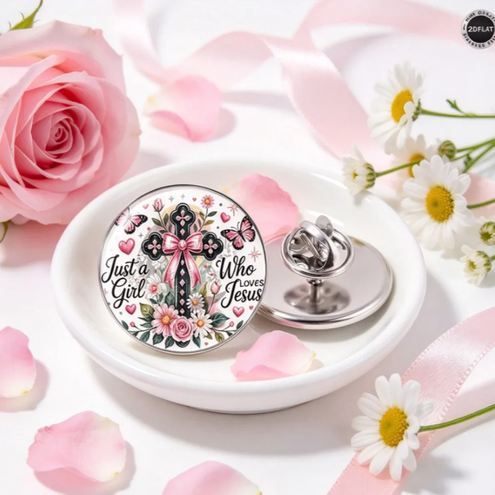 6-20Pcs 2D Flat Lapel Pin,Stainless Steel Brooch,Pink Floral Butterfly Cross Pattern,Decorative Badge,Faith‑themed Souvenir Gift