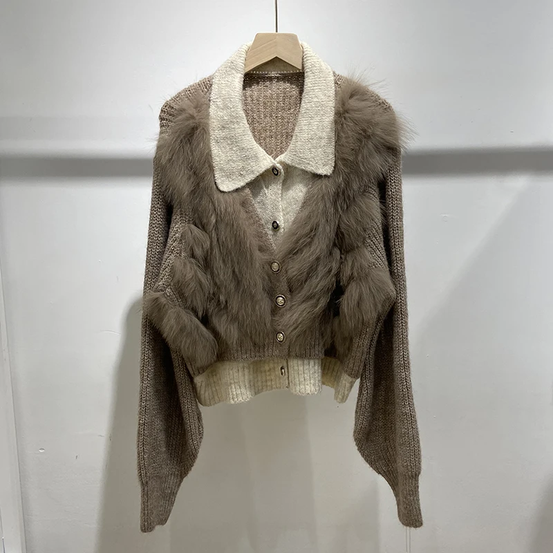 Women Fake Faux Two-piece‌ Natural Fox Fur Girl's Autumn Cute Lovely Turndown Collar Sweater Knitted Long Sleeve Coat