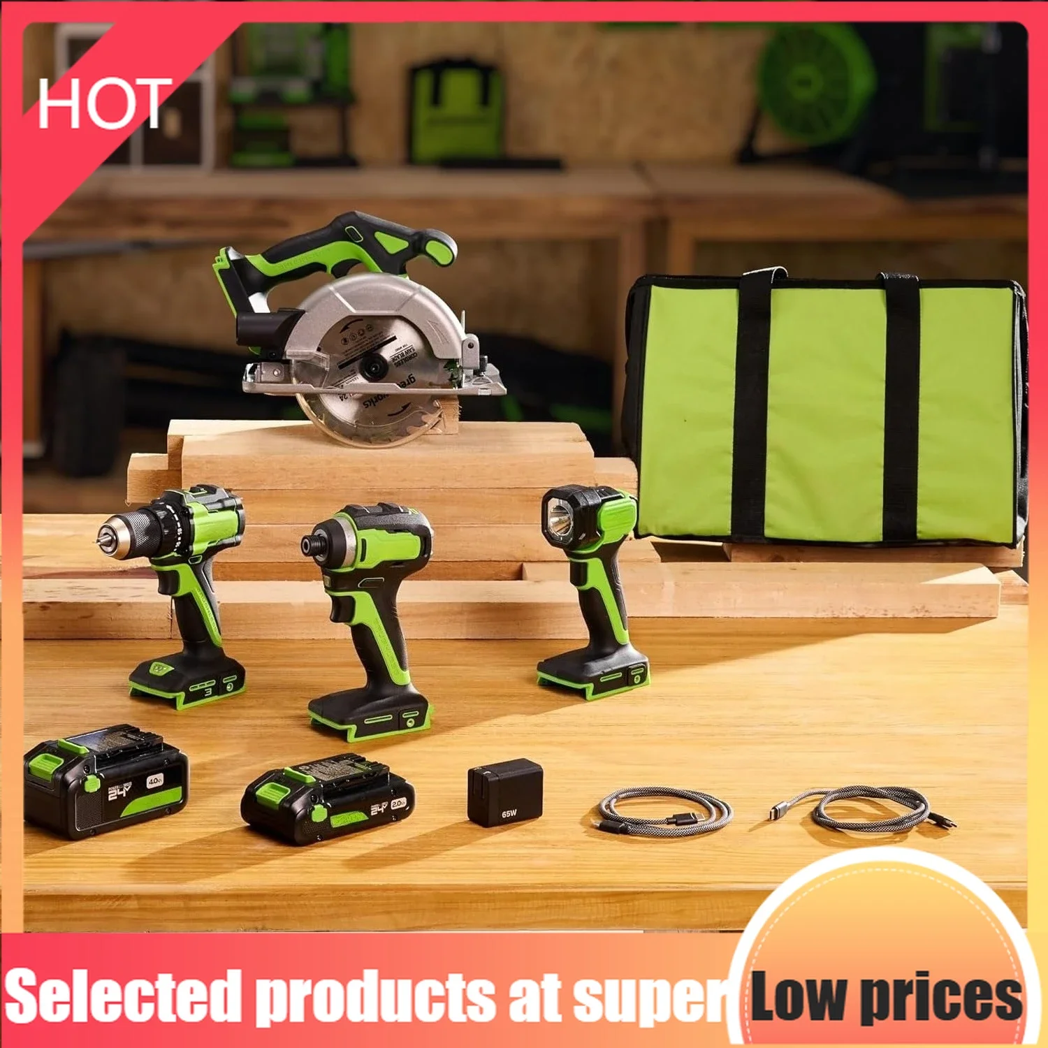 

Competitive Item-24V Cordless Brushless 4PCs Combo, 400 In-lbs Drill/Driver+1950 In-lbs Impact Driver +6.5" Circular Saw +200LM