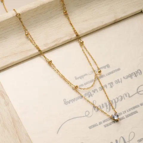 Luxury Heart Zircon Pendant Necklace Women Stainless Steel Gold Color Trendy Double Layer Beads Chain Choker Jewelry Gift