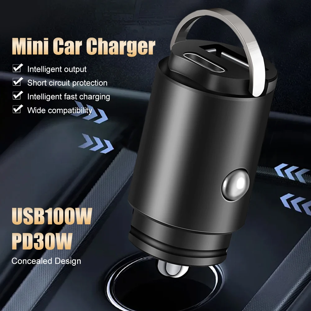 

100W Mini Car Charger Type-C Fast Charging 12V/24V PD USB Car Phone Charger Adapter for iPhone 13 14 15 Xiaomi Samsung Huawei