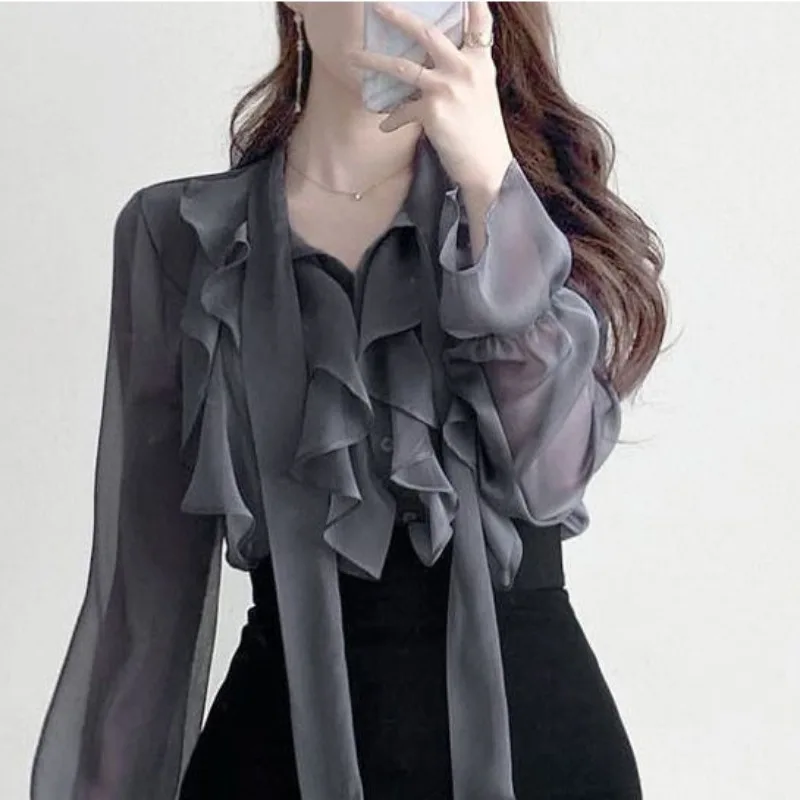 Spring Chiffon Blouse Fashion Tops Autumn Sweet Bow Shirt Casual Long Sleeve Women Clothing Elegant OL White Blusas