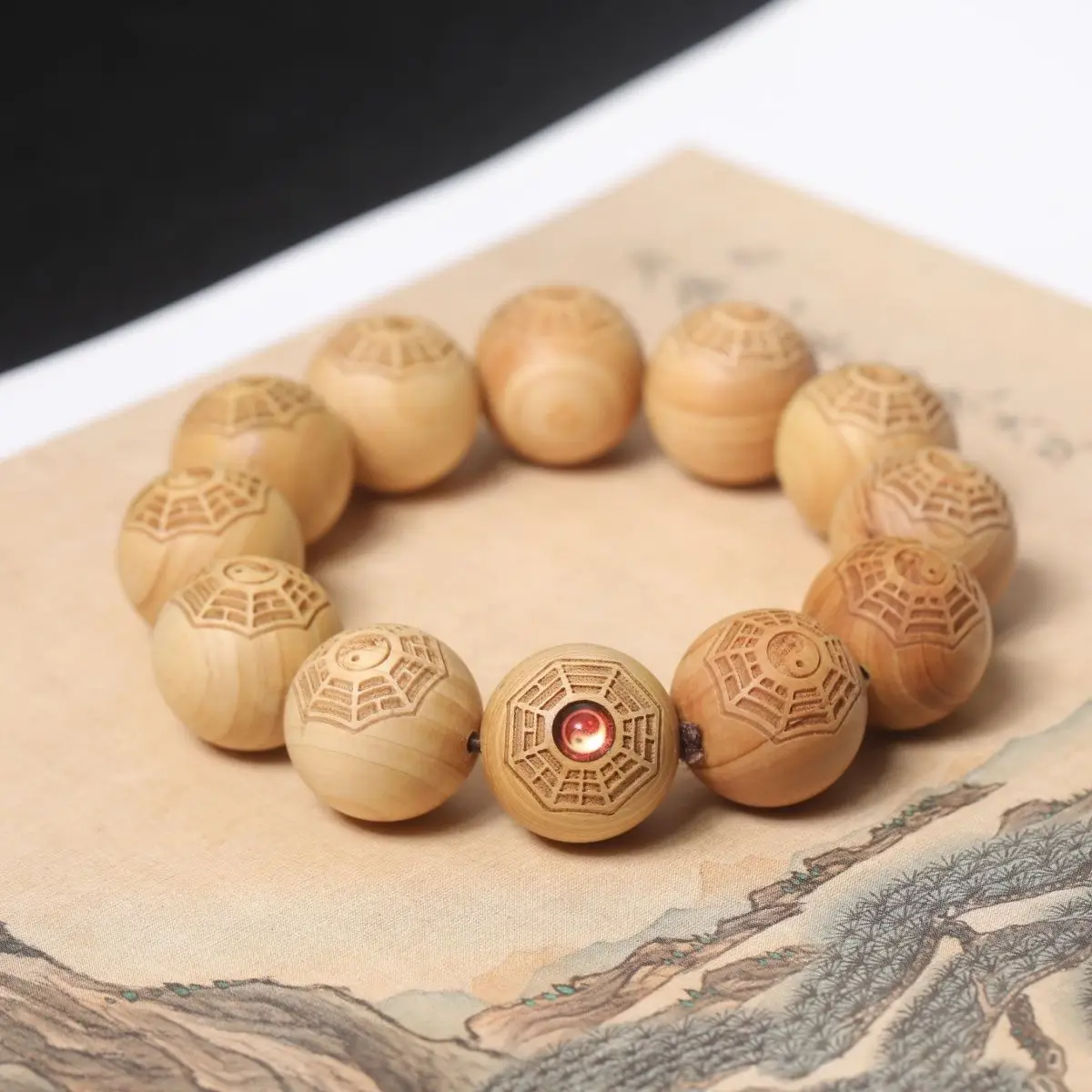 Natural Taoism Carving Tai Chi Beaded Bracelet Thuja Wood Lucky Mixed Beads Bagua Bracelet Men's 2.0mm HandString Wooden Jewelry