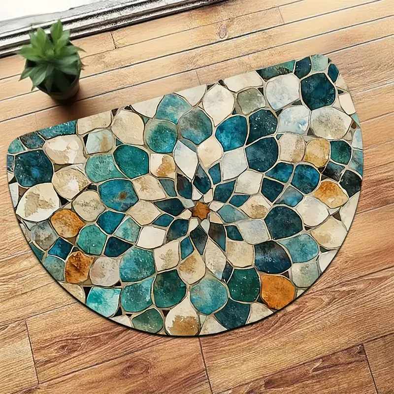 Moroccan Mosaic Semicircle Door Mat Geometric Boho Welcome Rug Teal Blue Gold Anti-Slip Entrance Floor Mat for Home Porch Decor