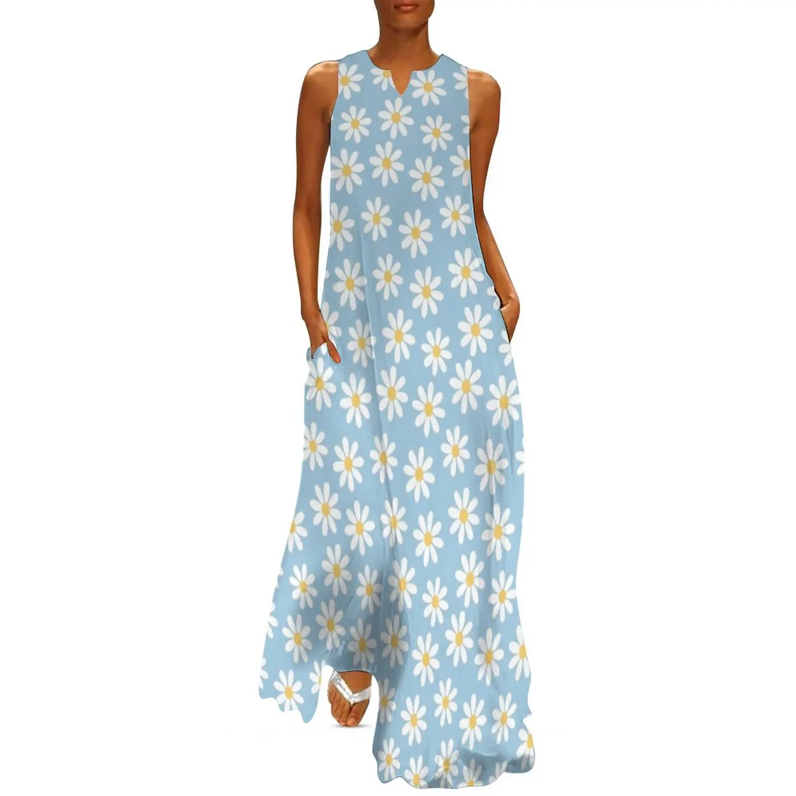 

White Daisies on Vintage Pale Blue Seamless Pattern Print Long Dress Woman clothes beach dresses