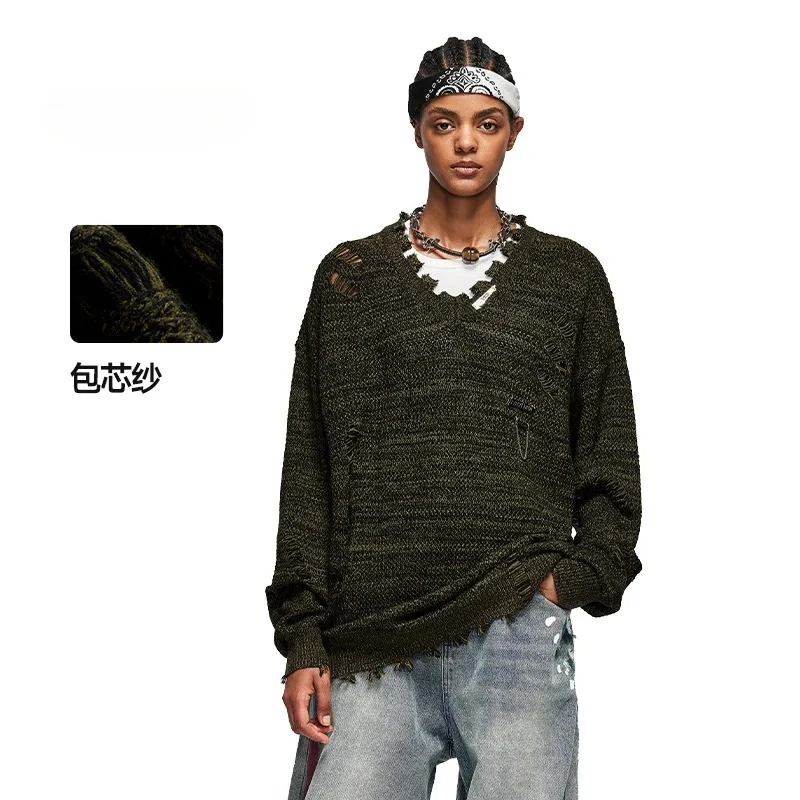 

High Street Flower Yarn Ripped Knitted Sweater 2025 Autumn and Winter New Trendy Brand Core-spun Yarn Sweater Men's Top