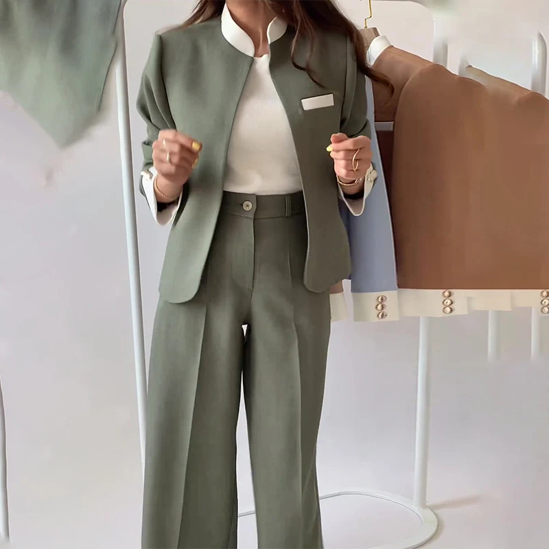 Elegant Color Blocked Patchwork Set Women Fashion Stand Collar Blazer & Long Pant Suit Women Causal Long Sleeve Loose 2Pc Outfit