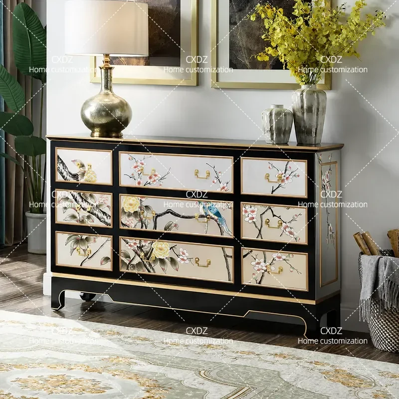 New Chinese Style Nine Drawer Chest Cabinet Entryway Storage Unit Silver Foil Bedroom Dresser Classical Mediterranean