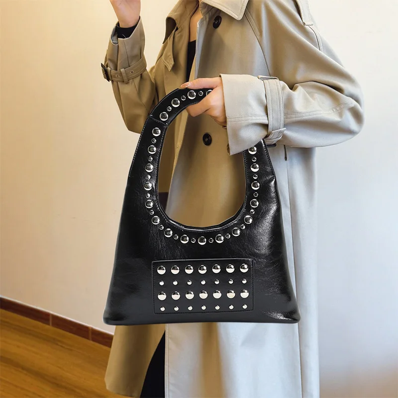 Retro Rivet Shoulder Bag,PU Underarm Handbag,Punk Heavy Industry Style U-shaped Motorcycle Bag,Women Trendy Metal Stud Purse