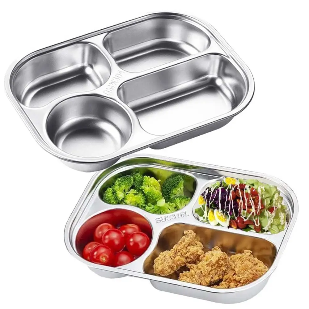 

Stainless Steel Rectangular Divided Plates Tray,4 Sections Dinner Plates for Adults,Diet Food Portion Control lunch tray