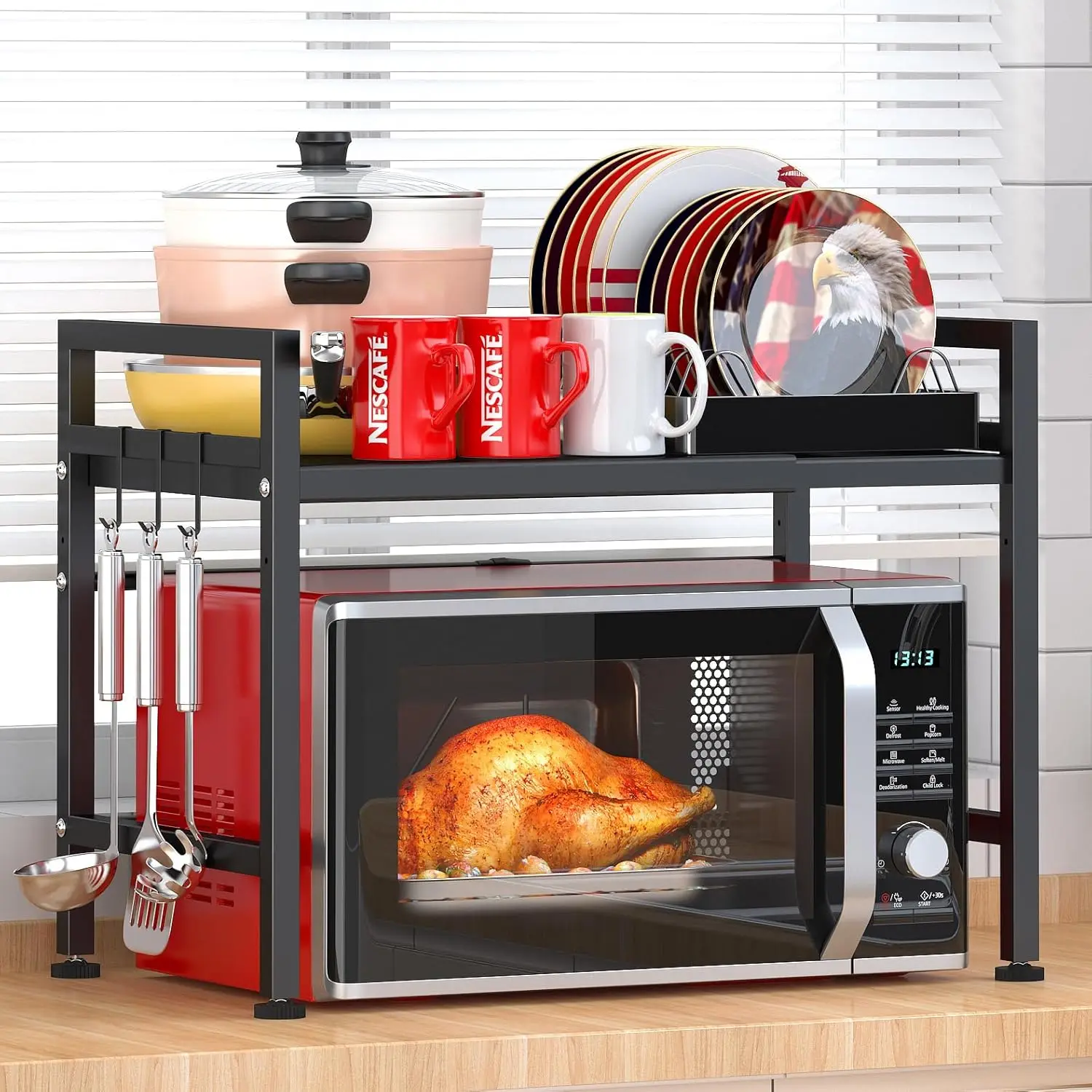 

Extendable Microwave Rack, 2-Tier Adjustable Shelf with 3 Hooks, Black, 160lbs Capacity