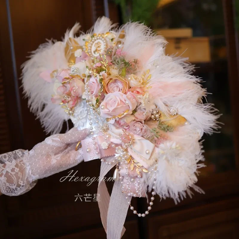 Original handmade ostrich hair gorgeous flower marriage court tea party fan catwalk props