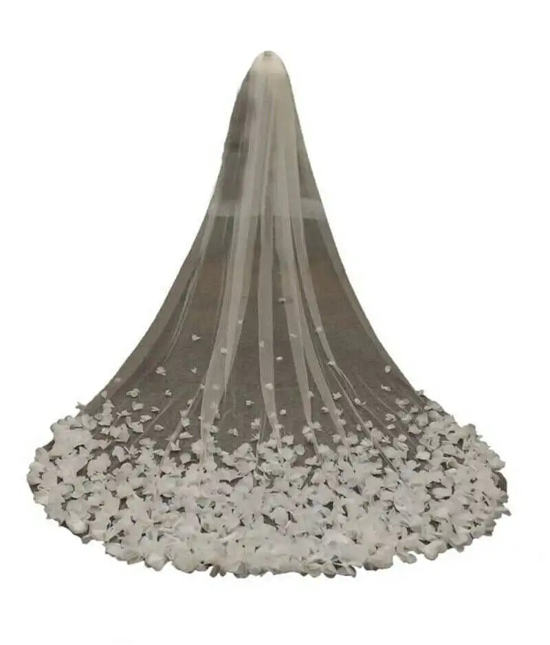 

Gorgeous 3D Flowers Wedding Veil Chapel Length One Layer Long Appliques Edge Bridal Veils For Bride Voile Custom Made