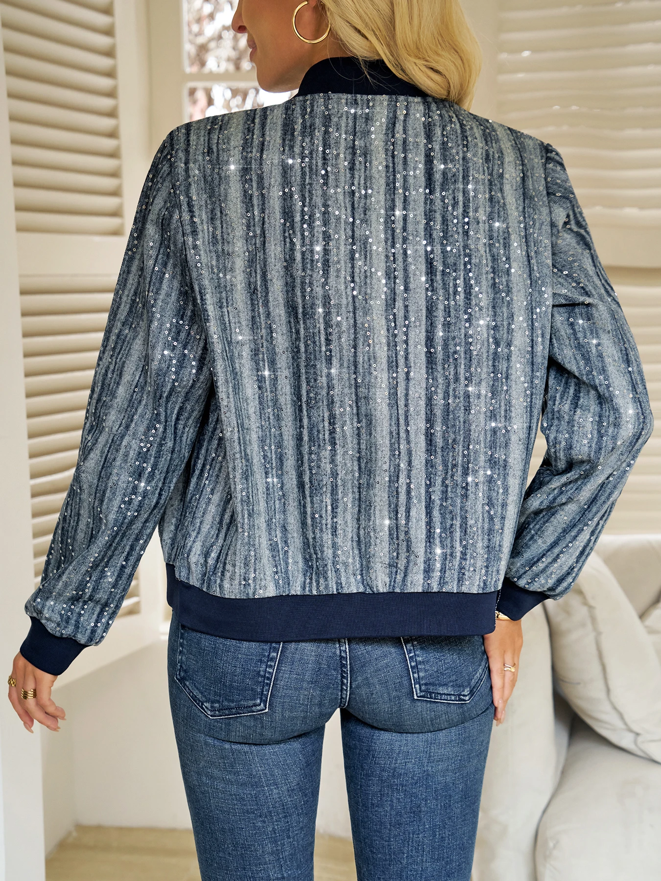 Women'S Denim Jacket with Sequin Details - Long Sleeve, Zip-Up, Round Neck, Casual Style, Non-Stretch Fabric