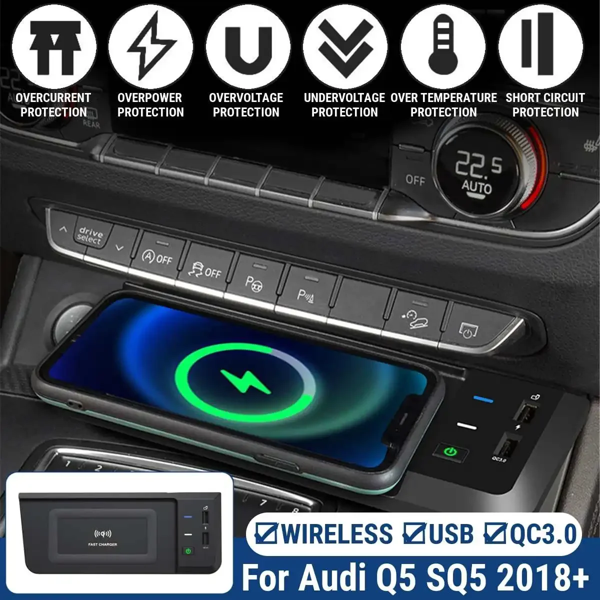 15W charger suitable For Audi Q5 SQ5 2018-2020 mobile phone USB socket car wireless charging board central control modification