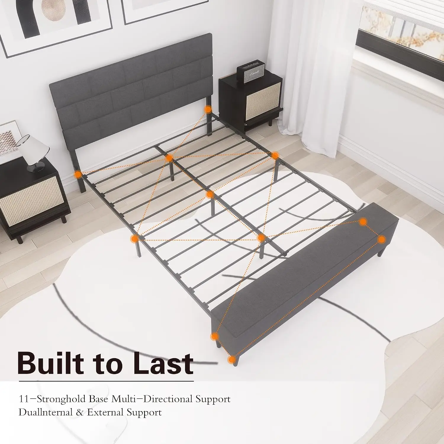 Queen Size Bed Frame with Storage Ottoman, Platform Bed Frame Fabric Upholstered Headboard, All Metal Slats, Customized - view 6