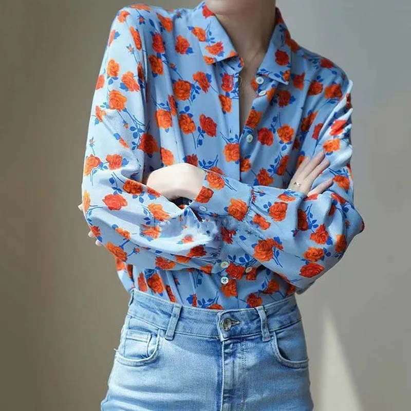 Elegant Vintage Floral Print Blouse for Female Spring Autumn Fashion Korean Long Sleeve Turn-down Collar Shirt Women\'s Clothing