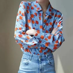 Elegant Vintage Floral Print Blouse for Female Spring Autumn Fashion Korean Long Sleeve Turn-down Collar Shirt Women's Clothing