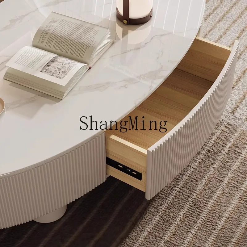 

FG Rock Board Coffee Table Cream High-End Style Coffee Table Oval Shape Home Living Room New Light Luxury Small Apartment
